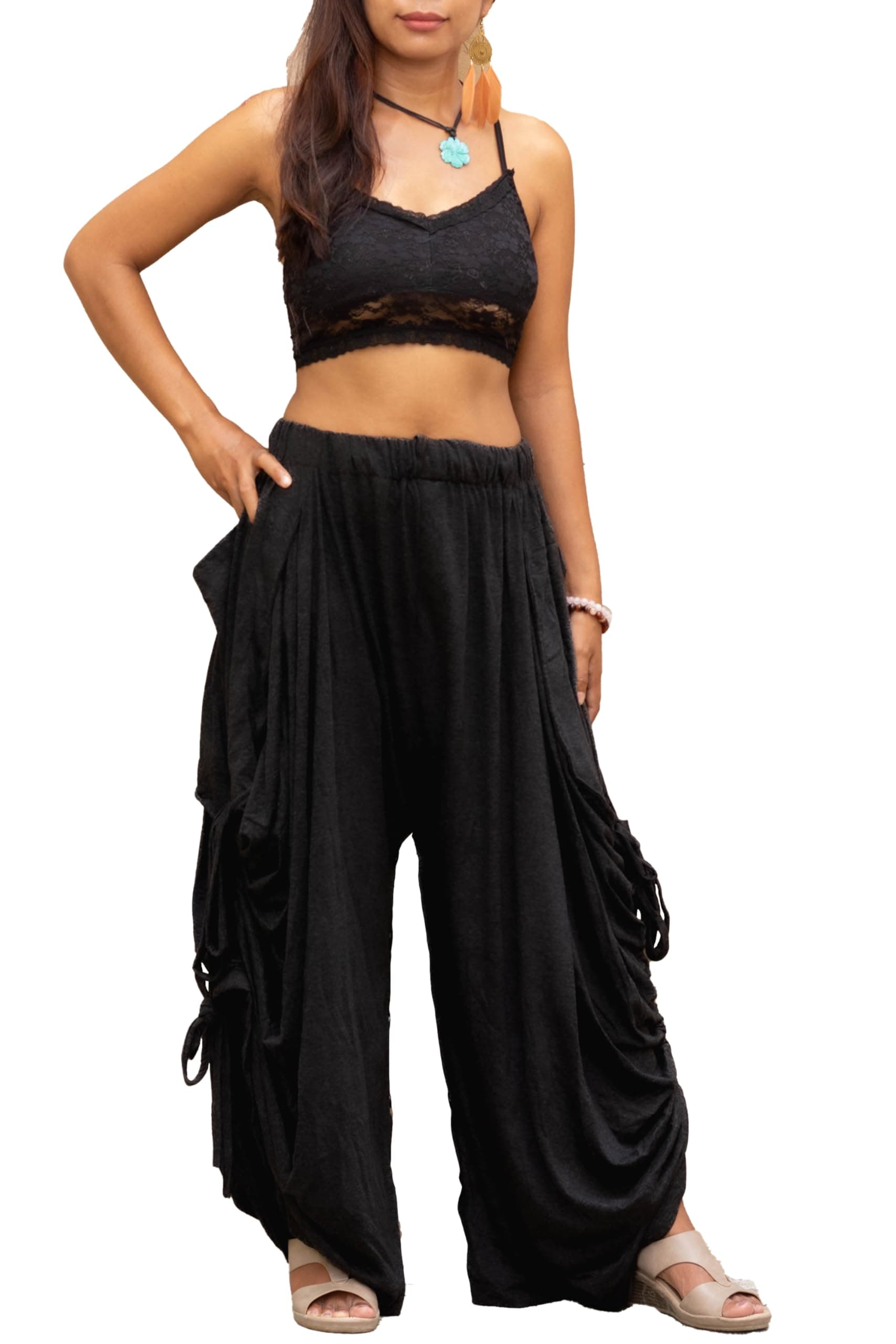 Thaluta Women's Wide Leg Palazzo Pants with Pockets (Solid Black)
