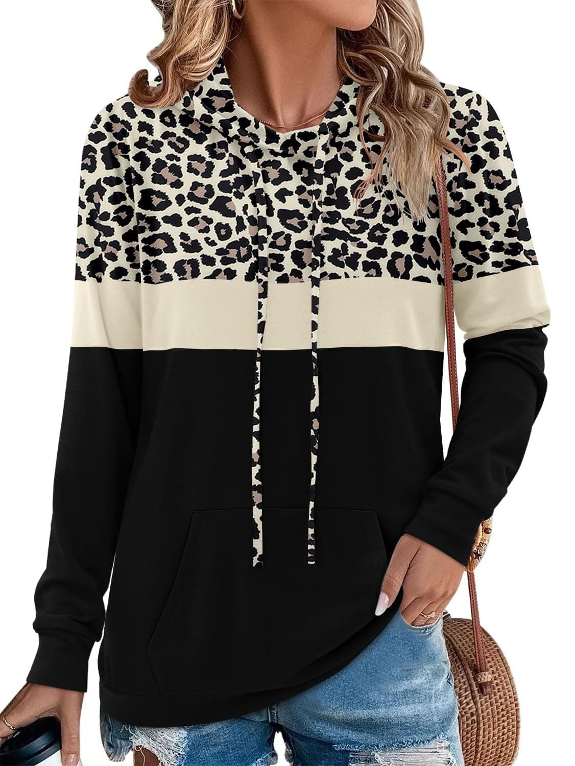Women's Camo Leopard Print Hoodies with Drawstring Pocket