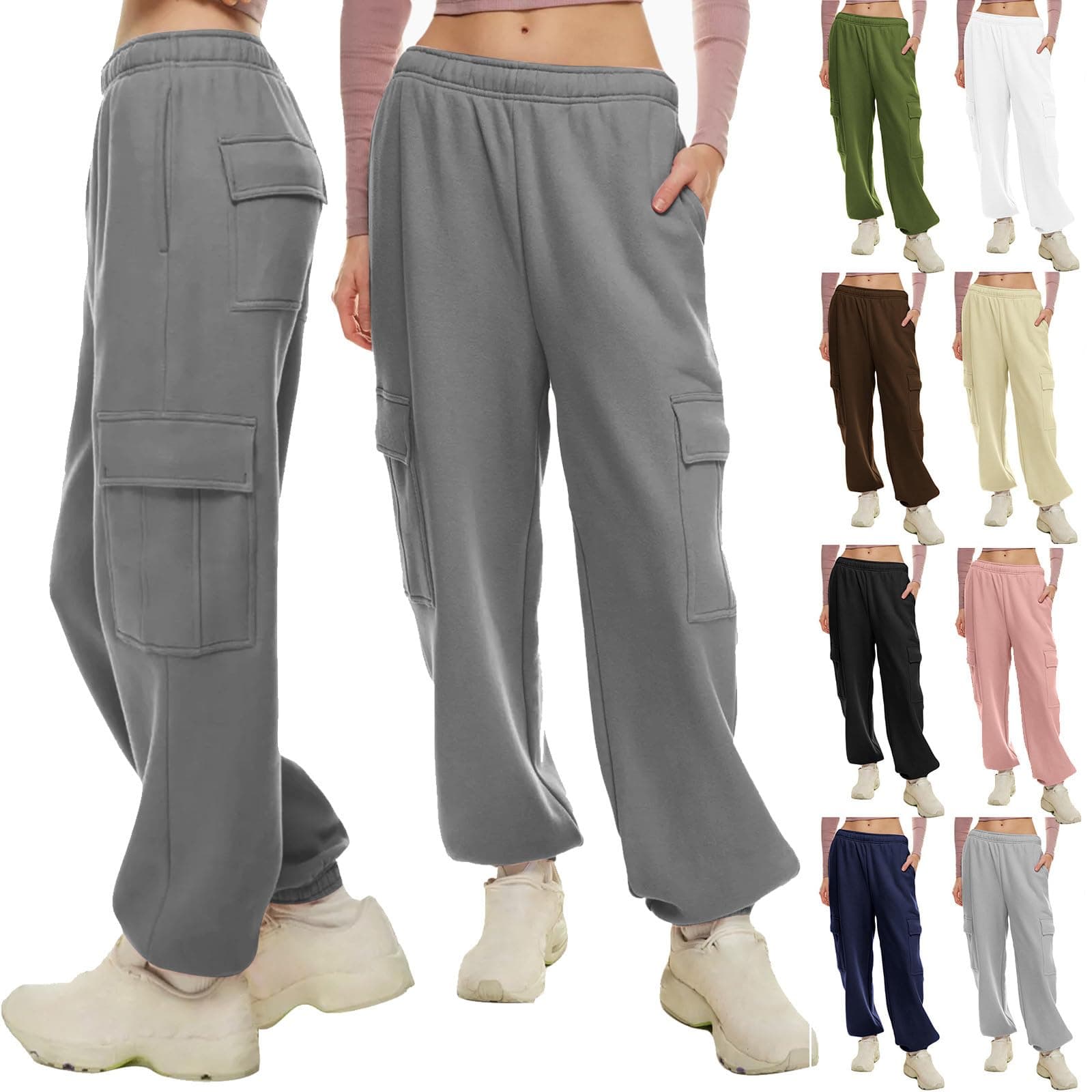 SMIDOW Women's High-Waisted Fleece Baggy Sweatpants Cargo Casual Joggers