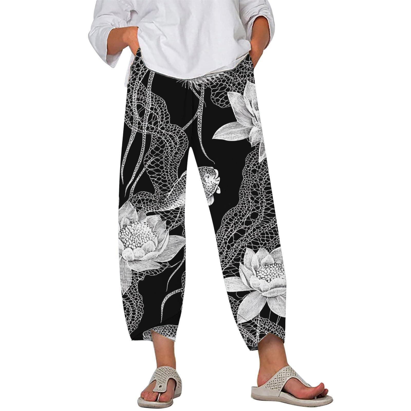 HOTYD Japanese Linen Pants for Women Summer Baggy Capri Trouser with Pockets
