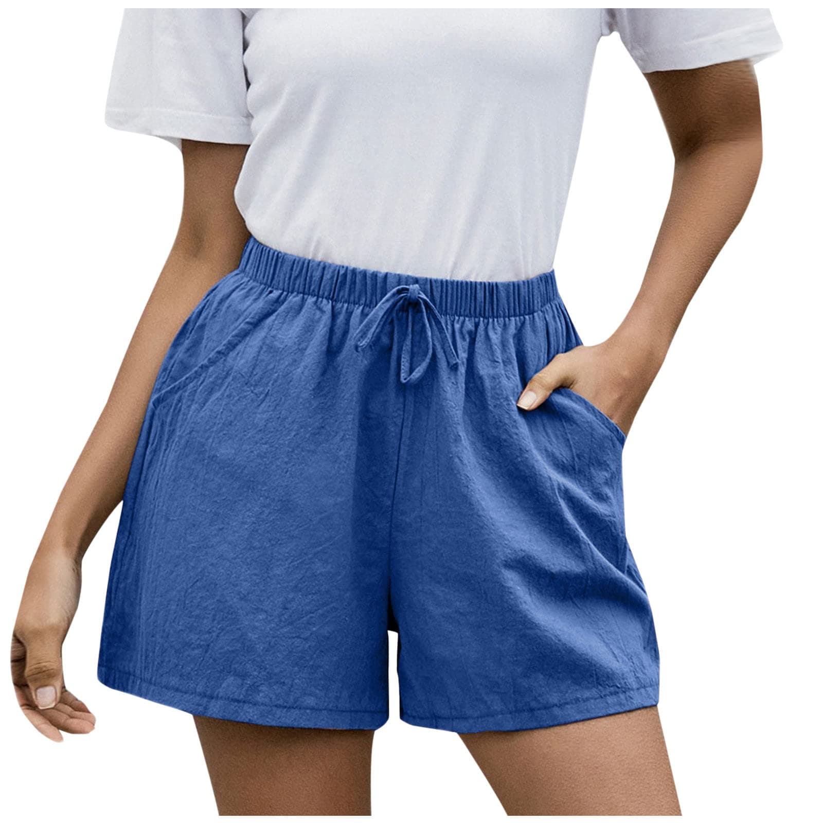 Sktremeuru High-Waisted Linen Shorts for Women Elastic Waist Drawstring Wide Leg Summer Fashion