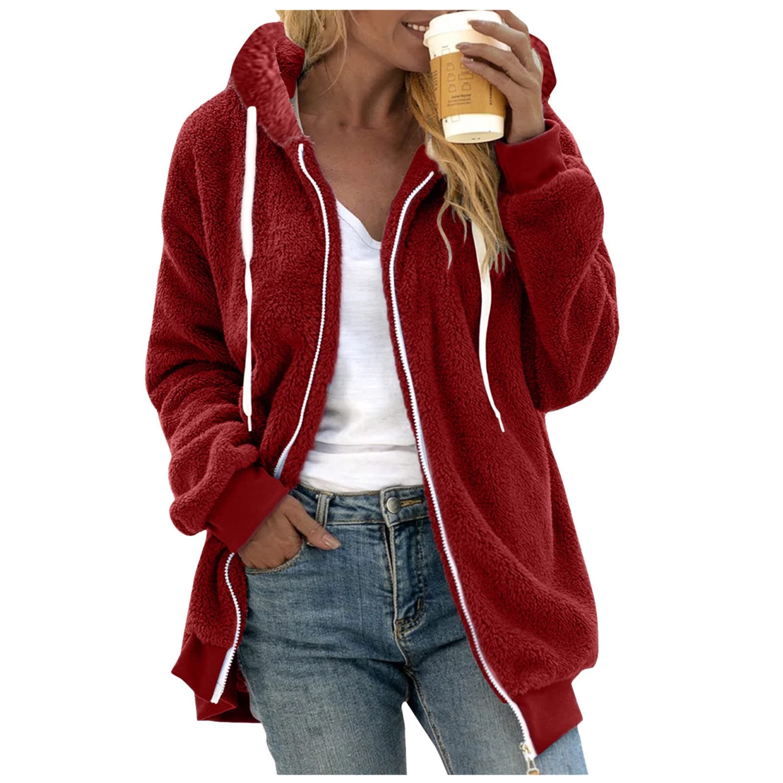 Oversized Sherpa Fleece Jacket for Women Warm Winter Coat Zip Up Pockets