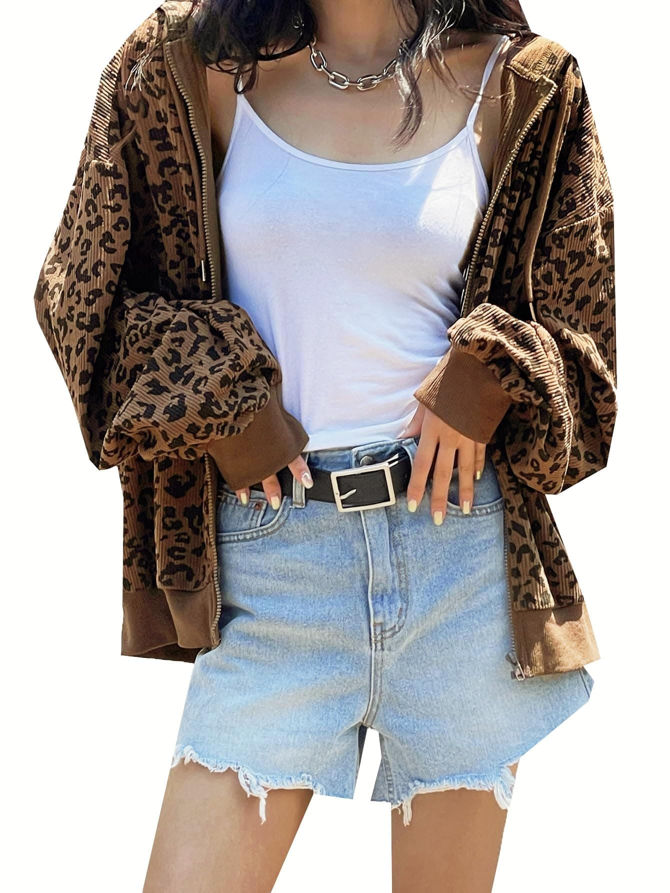SHENHE Women's Oversized Zip Up Hoodie with Leopard Print Pockets