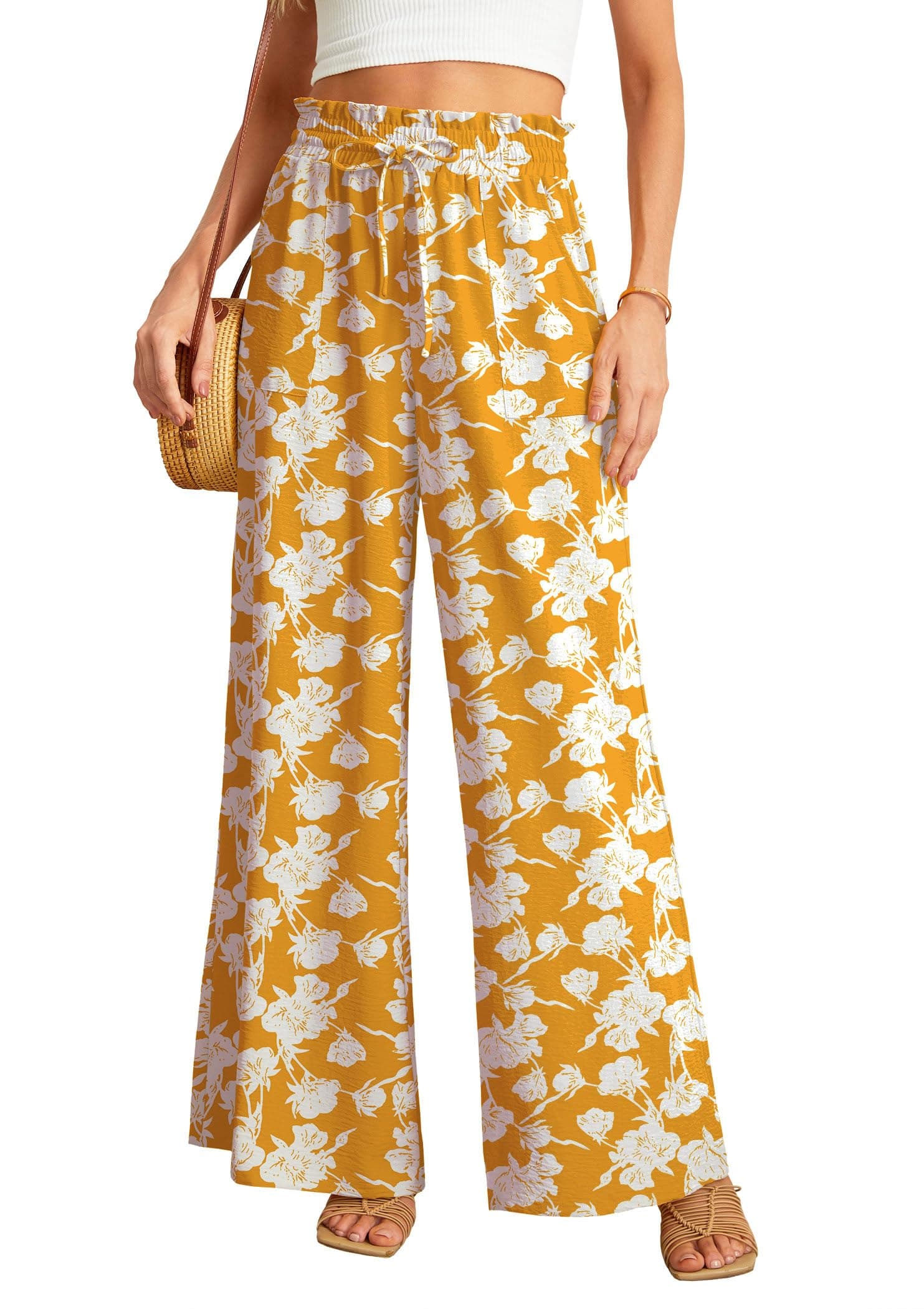 JINKESI Women's High-Waist Wide Leg Loose Pants with Adjustable Ties