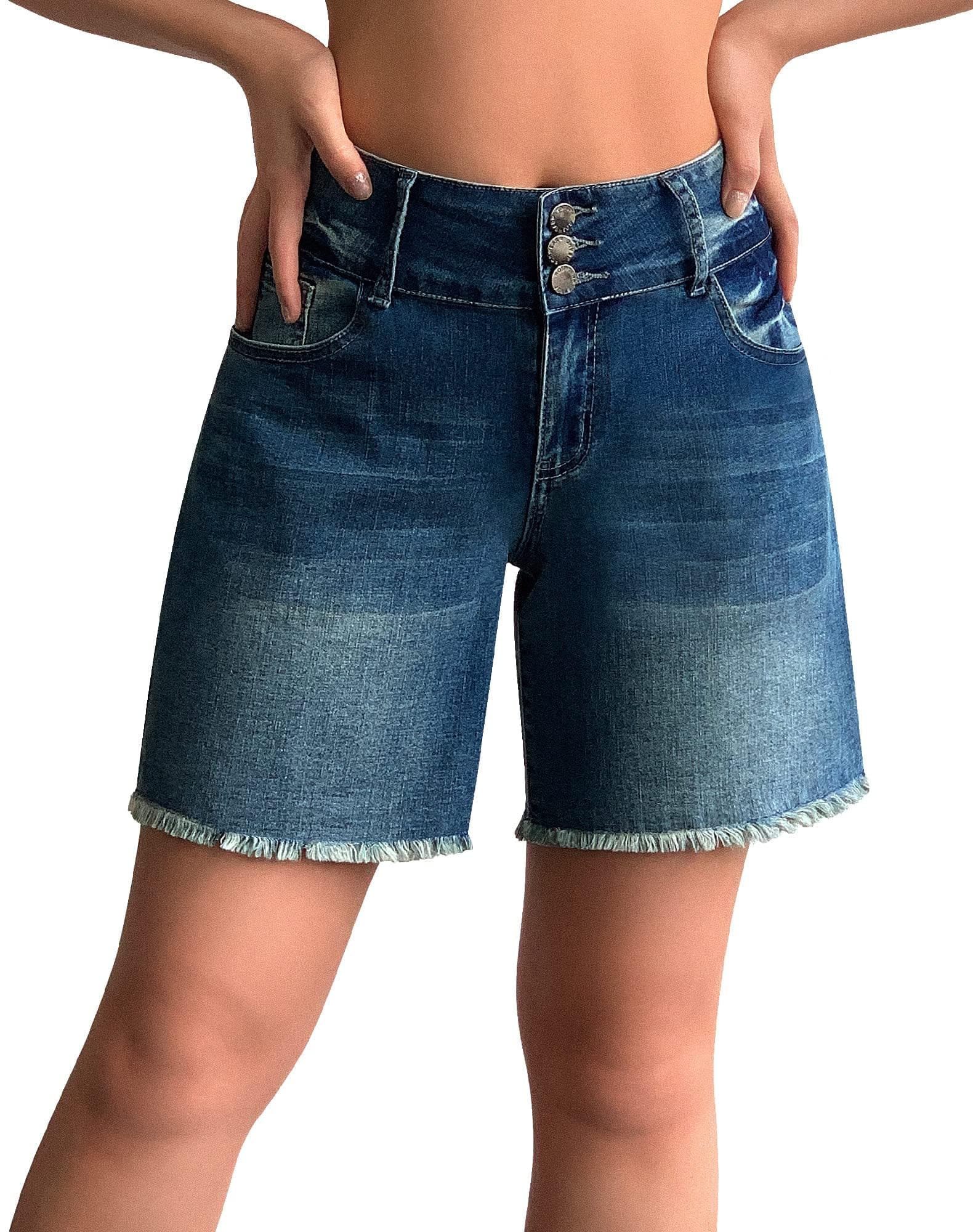 Rosswear Women's Stretchy Wide Leg High-Waisted Frayed Hem Jean Shorts