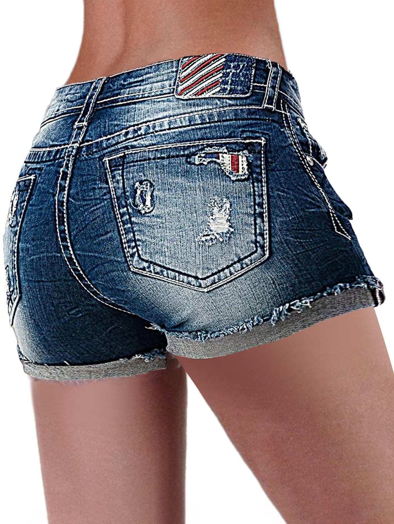 Flamingals Mid Waist American Flag Distressed Denim Shorts for Women