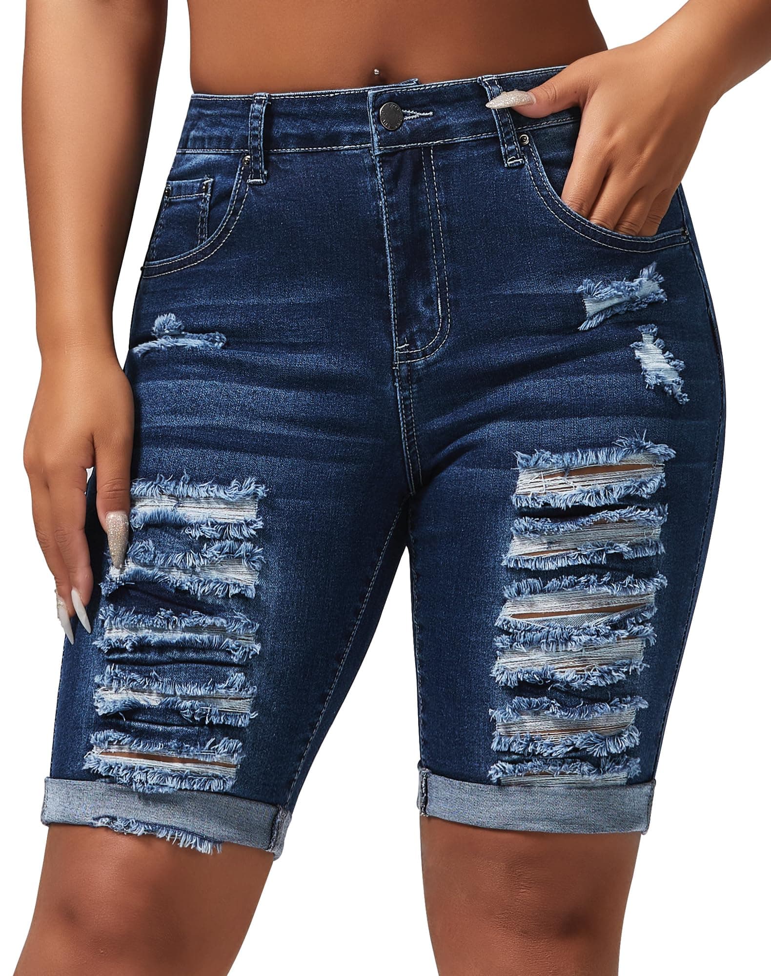 Rosswear Women's Ripped Stretch Mid-Rise Denim Bermuda Shorts