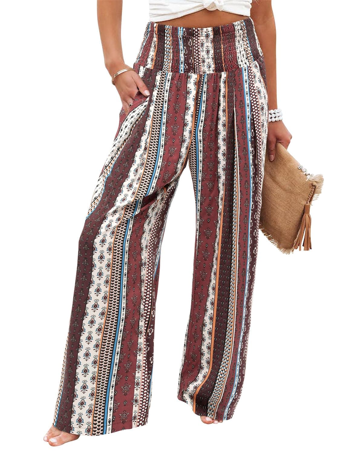 Angerella Women's Palazzo Pants, Wide Leg Lounge Trousers with Pockets, Brown Stripe, Large