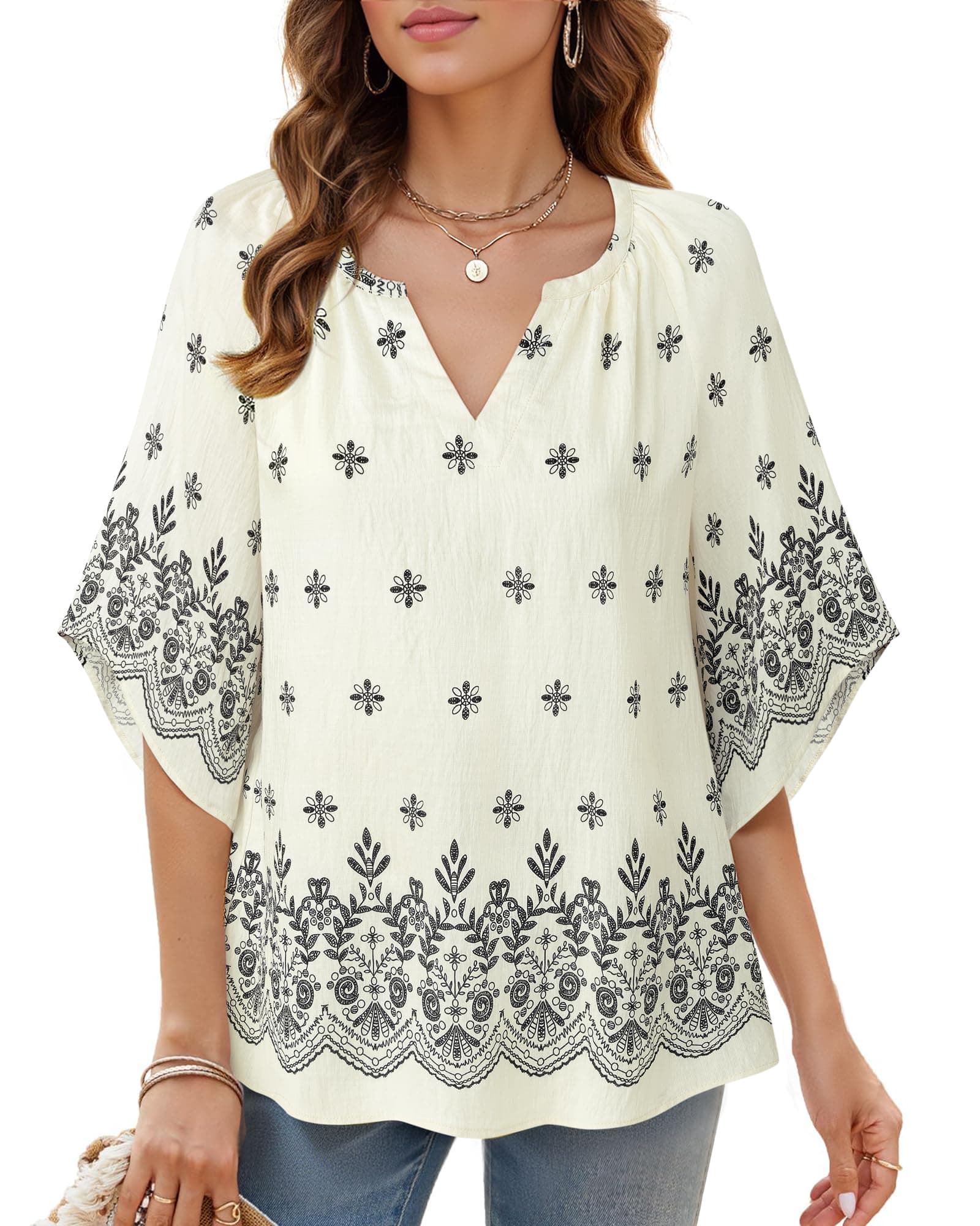 Bebonnie Women's Bohemian 3/4 Sleeve V-Neck Tunic Tops