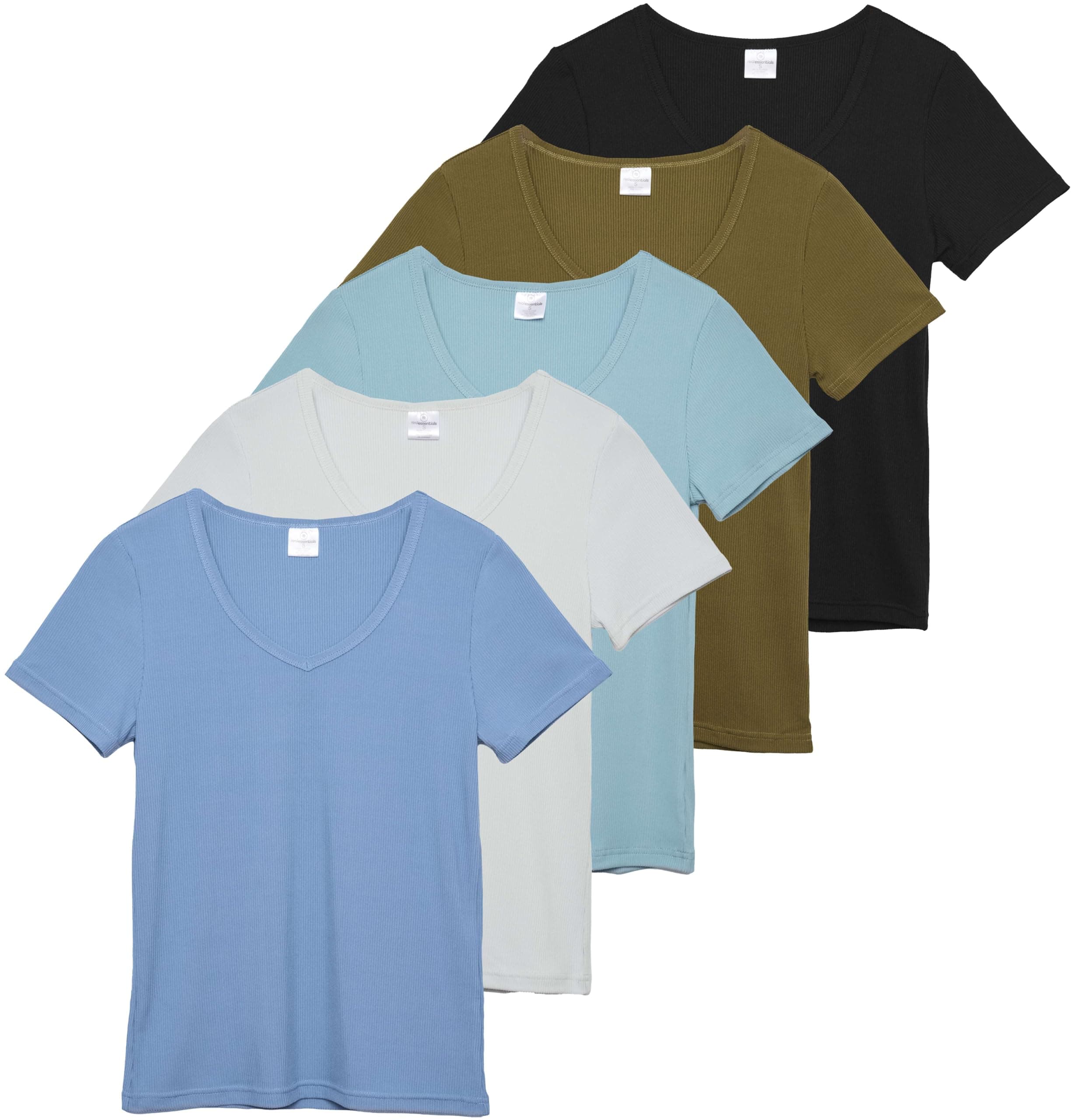Real Essentials 5 Pack Women's Soft Ribbed V-Neck Tee Summer Shirt