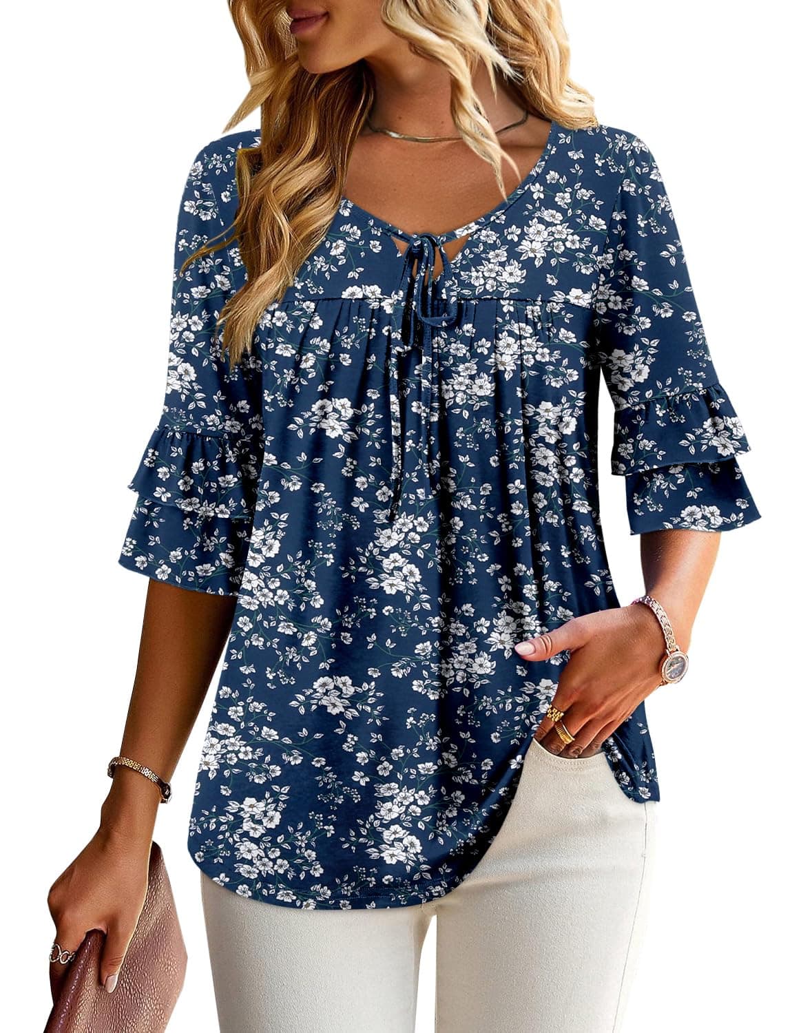 Angerella Dressy 3/4 Sleeve V-Neck Tunic Tops Spring Summer Tops