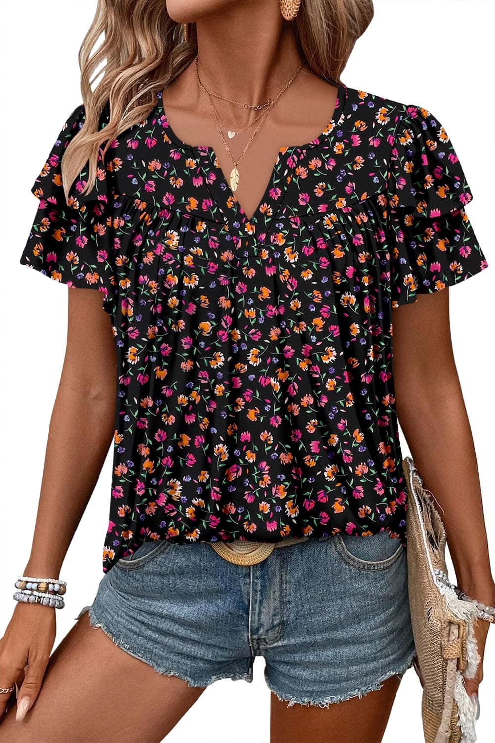 Angerella Women's Floral Print Short Sleeve V-Neck Tunic Tops