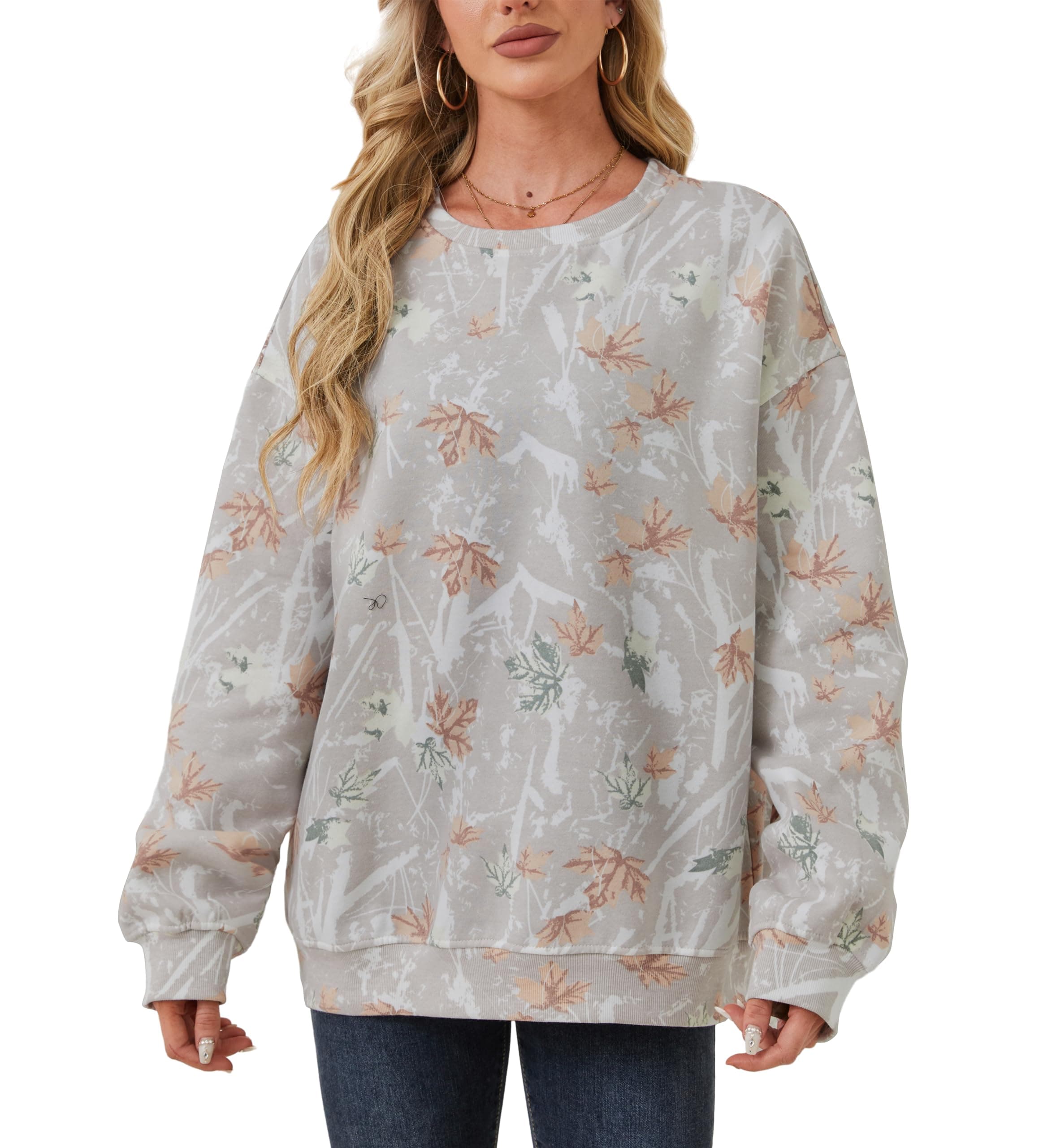 Oversized Women's Camo Sweatshirt with Maple Leaf Print Fleece Hoodie