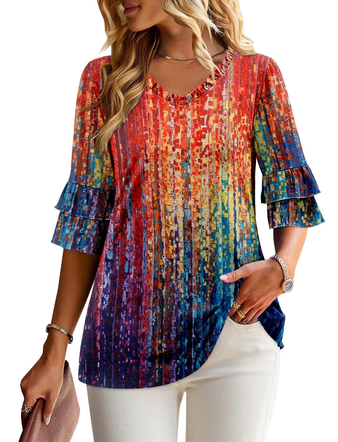 Angerella Women's Dressy 3/4 Sleeve Boho Tunic Tops