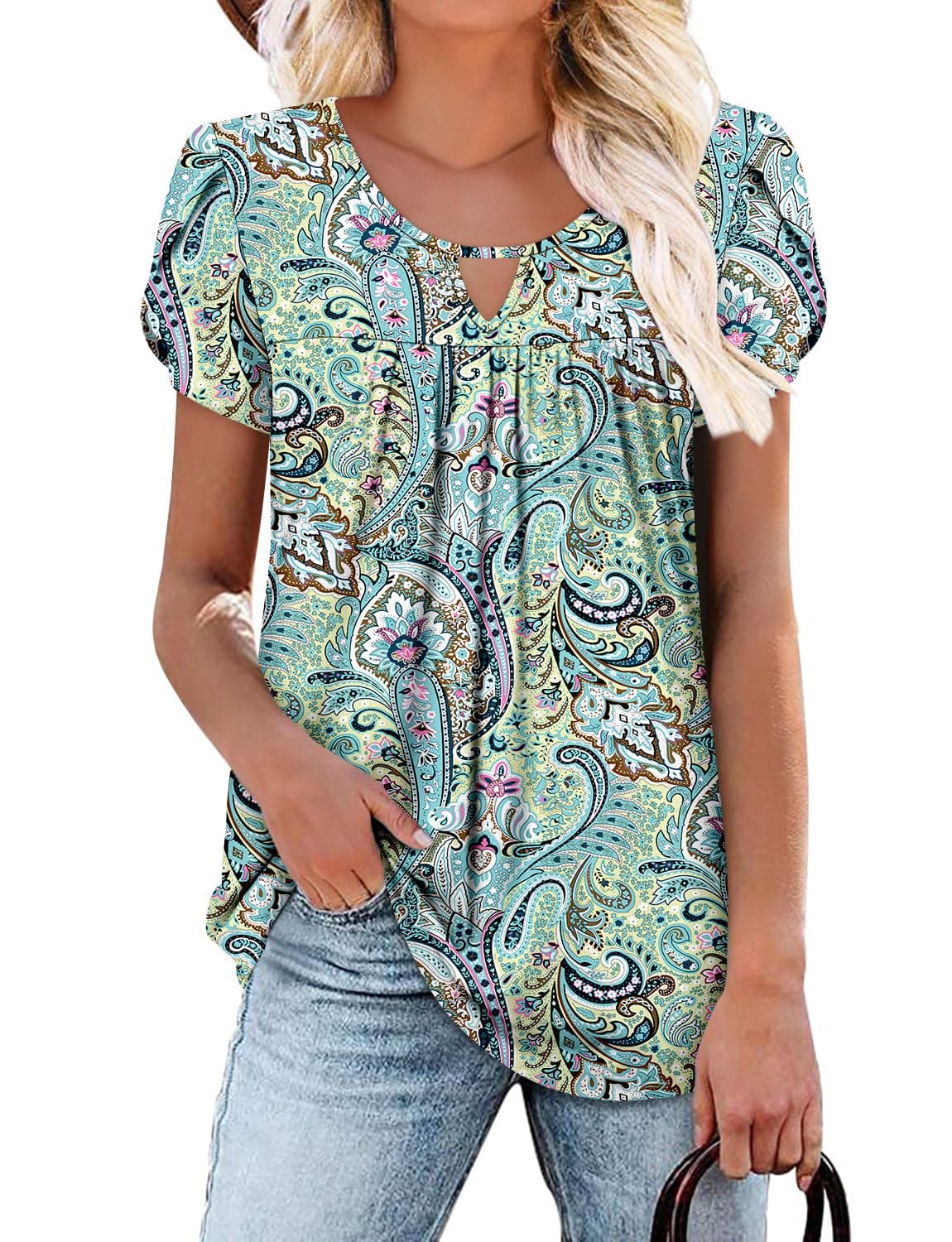 OnlyPuff Women's Pleated Floral Tunic Tops Summer Boho Dress Casual