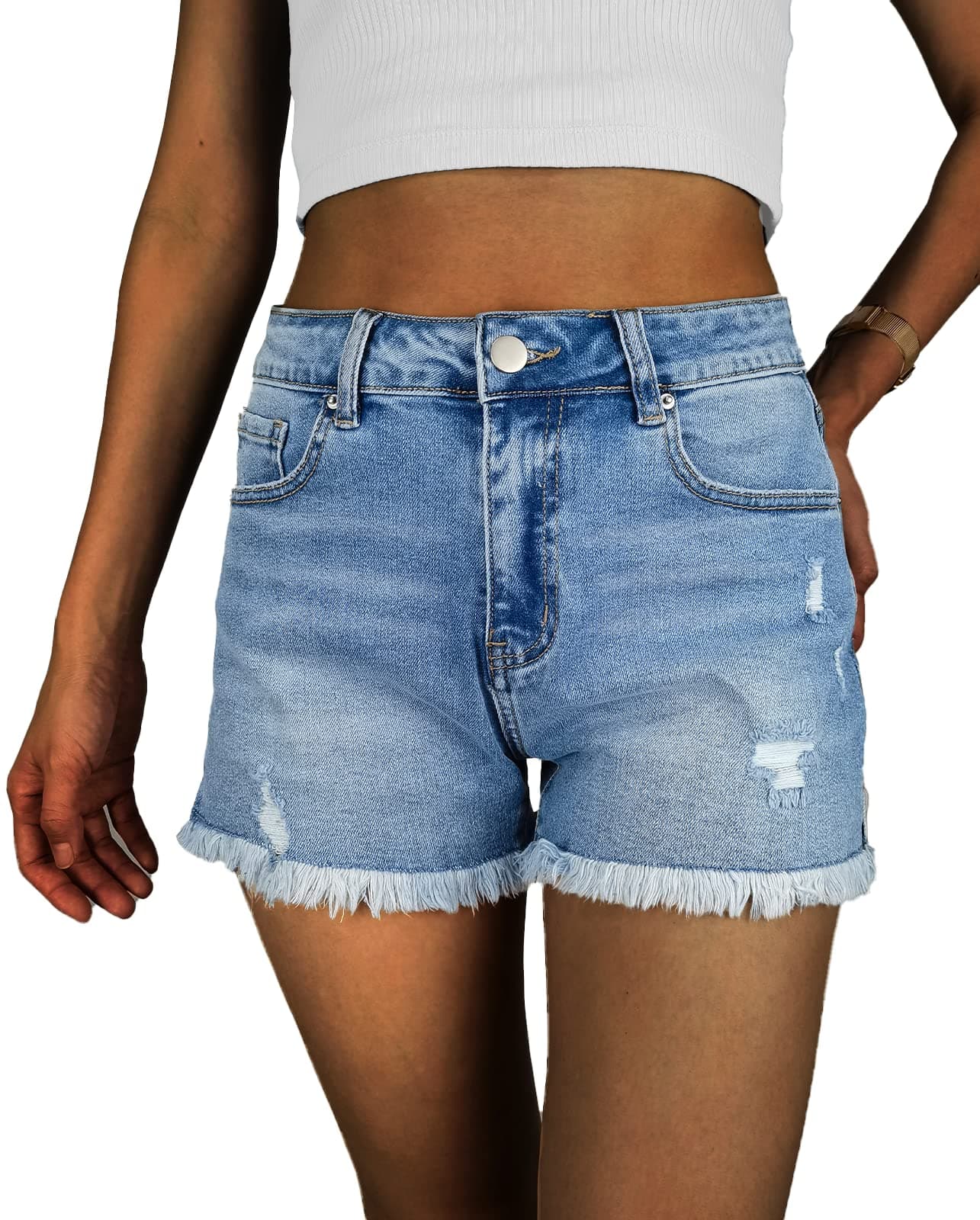 VAYEAH Women's High-Waisted Ripped Denim Shorts Stretchy