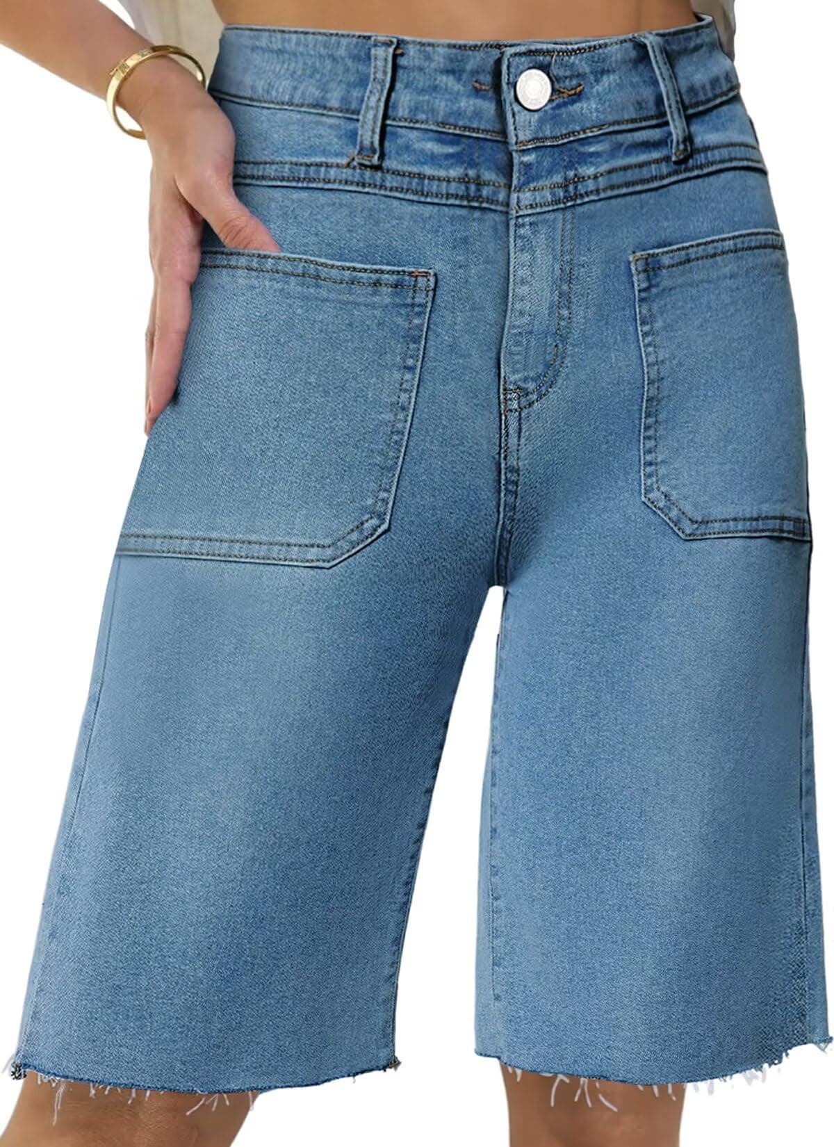 Allimy Women's Denim Cargo Knee-Length Shorts with Pockets