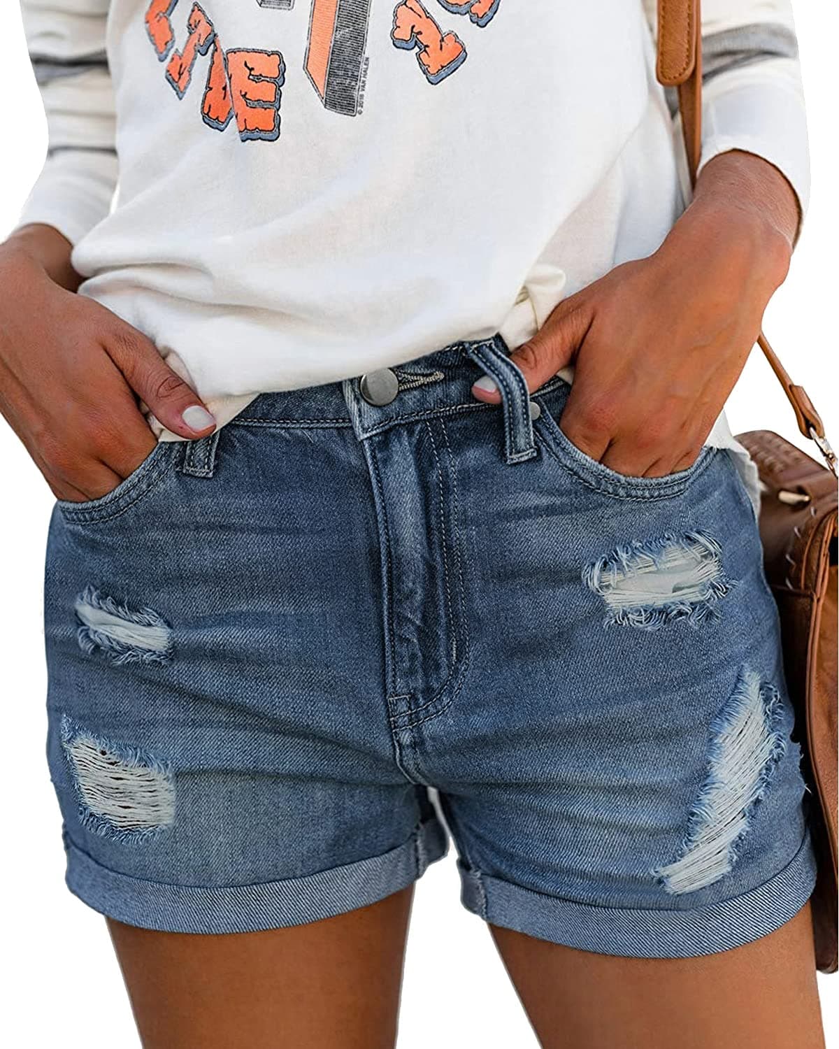 Angerella Women's Mid Rise Ripped Denim Shorts Stretchy Folded Hem