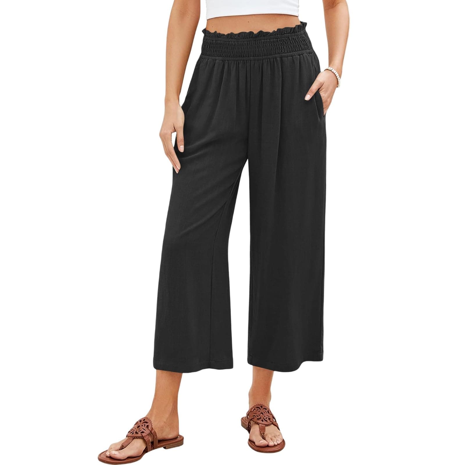 Elastic Smock Waist Wide Leg Cotton Linen Palazzo Pants for Women Summer Beach