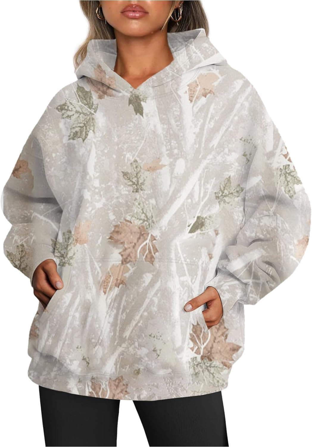 Hudenrtv Women's Camo Hoodie with Maple Leaf Print Fleece Sweatshirt