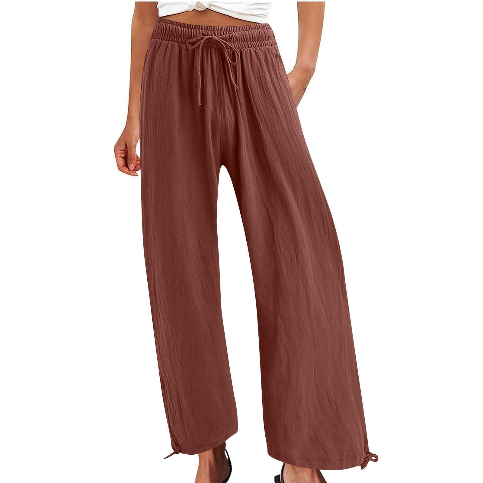 Summer Women's Linen Wide Leg Drawstring Pants with Pockets