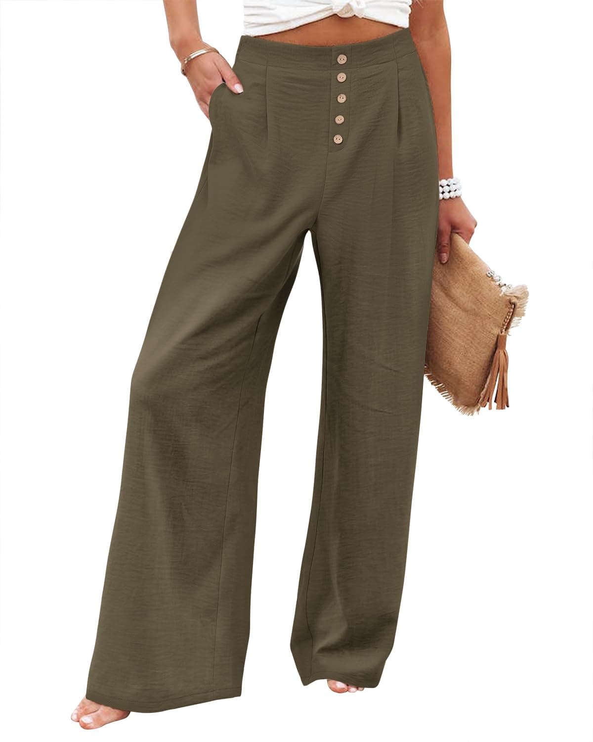 Wide Leg Pants for Women - Elastic Waist, Backed, Business and Casual Wear, with Pockets