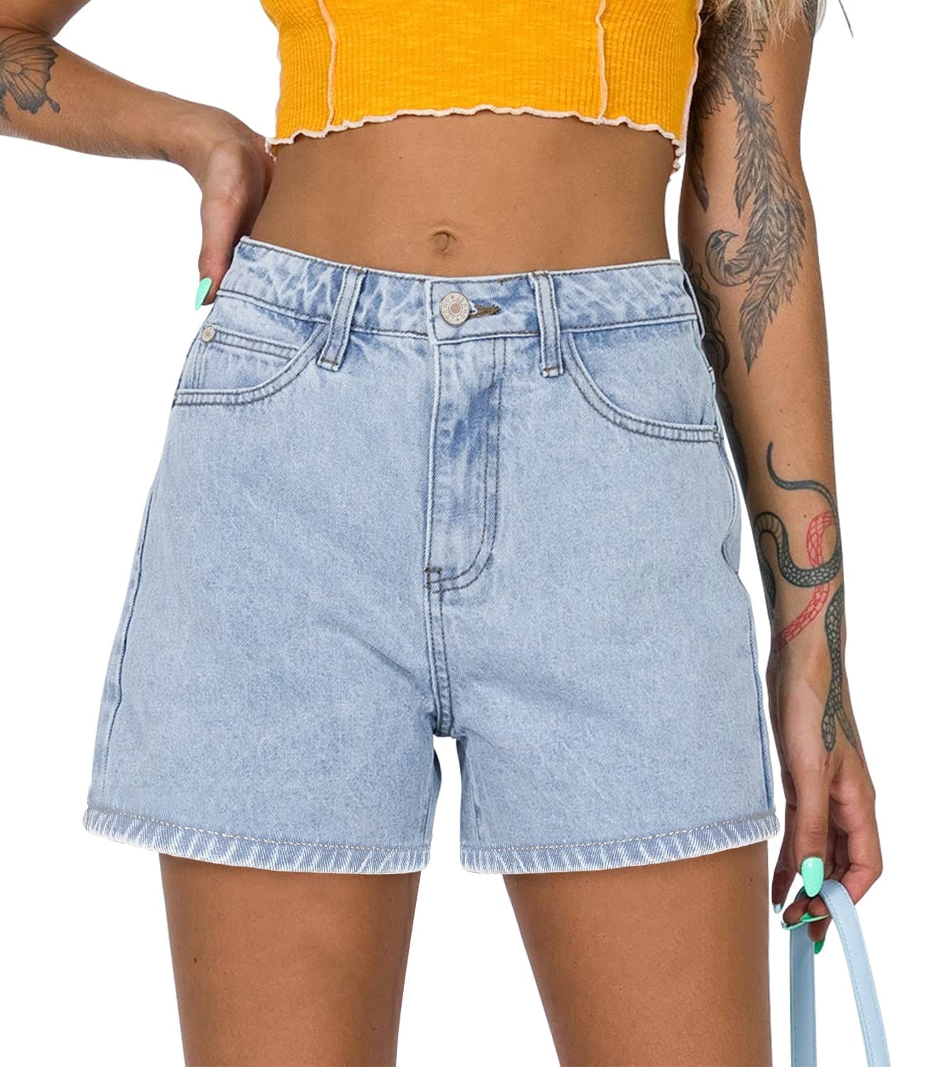 OnlyPuff Women's Ripped Mid-Waisted Denim Shorts