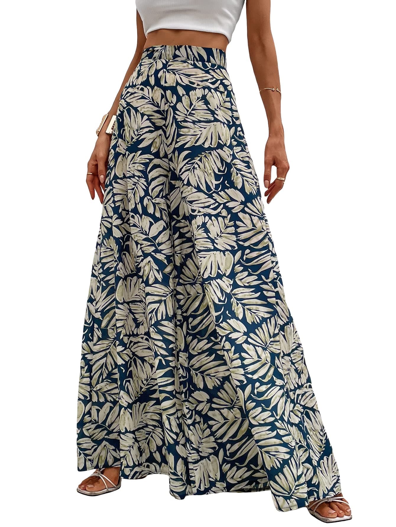 WDIRARA Women's BohoPrint High Waist Wide Leg Palazzo Pants