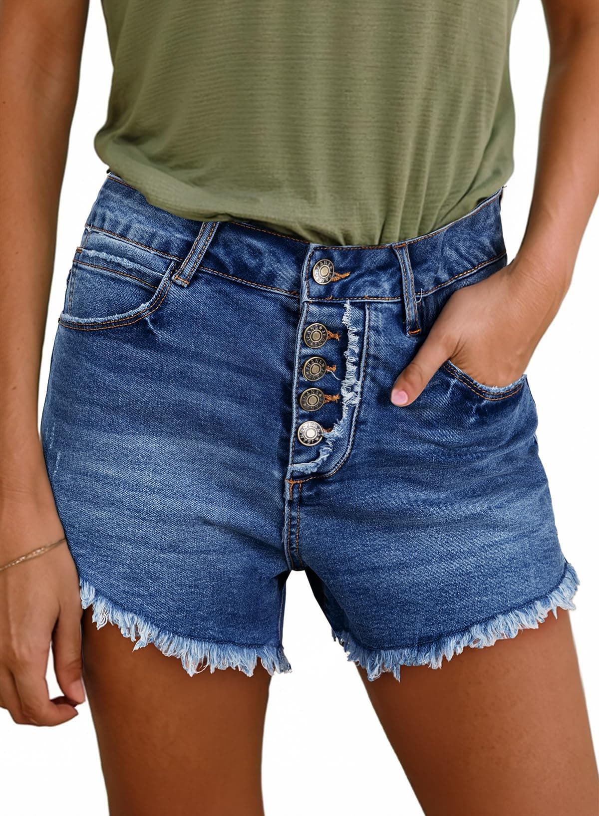 Sidefeel Women's High-Waisted Stretch Raw Hem Denim Shorts