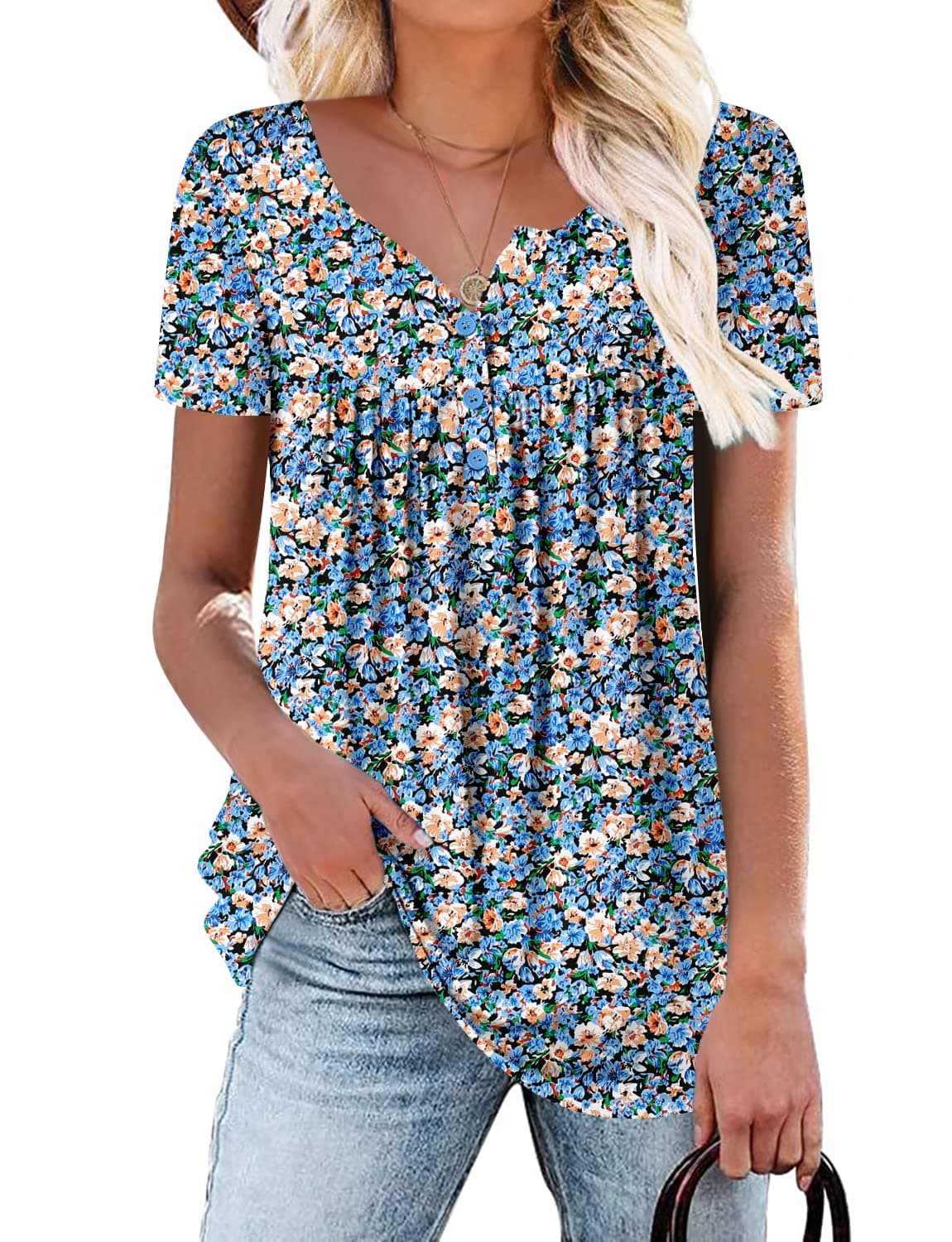 ROSELINLIN Women's Floral Summer Short Sleeve Shirt Loose Fit Leggings Top