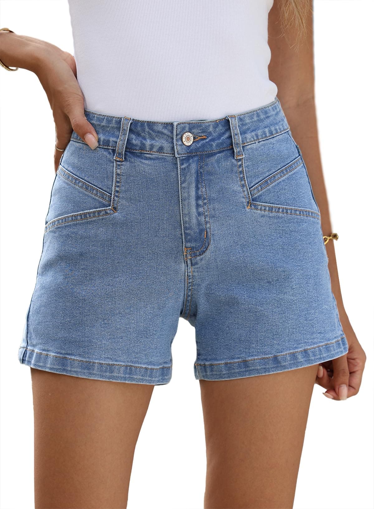 Sidefeel Women's High-Waisted Stretch Jean Shorts with Pockets Summer Denim