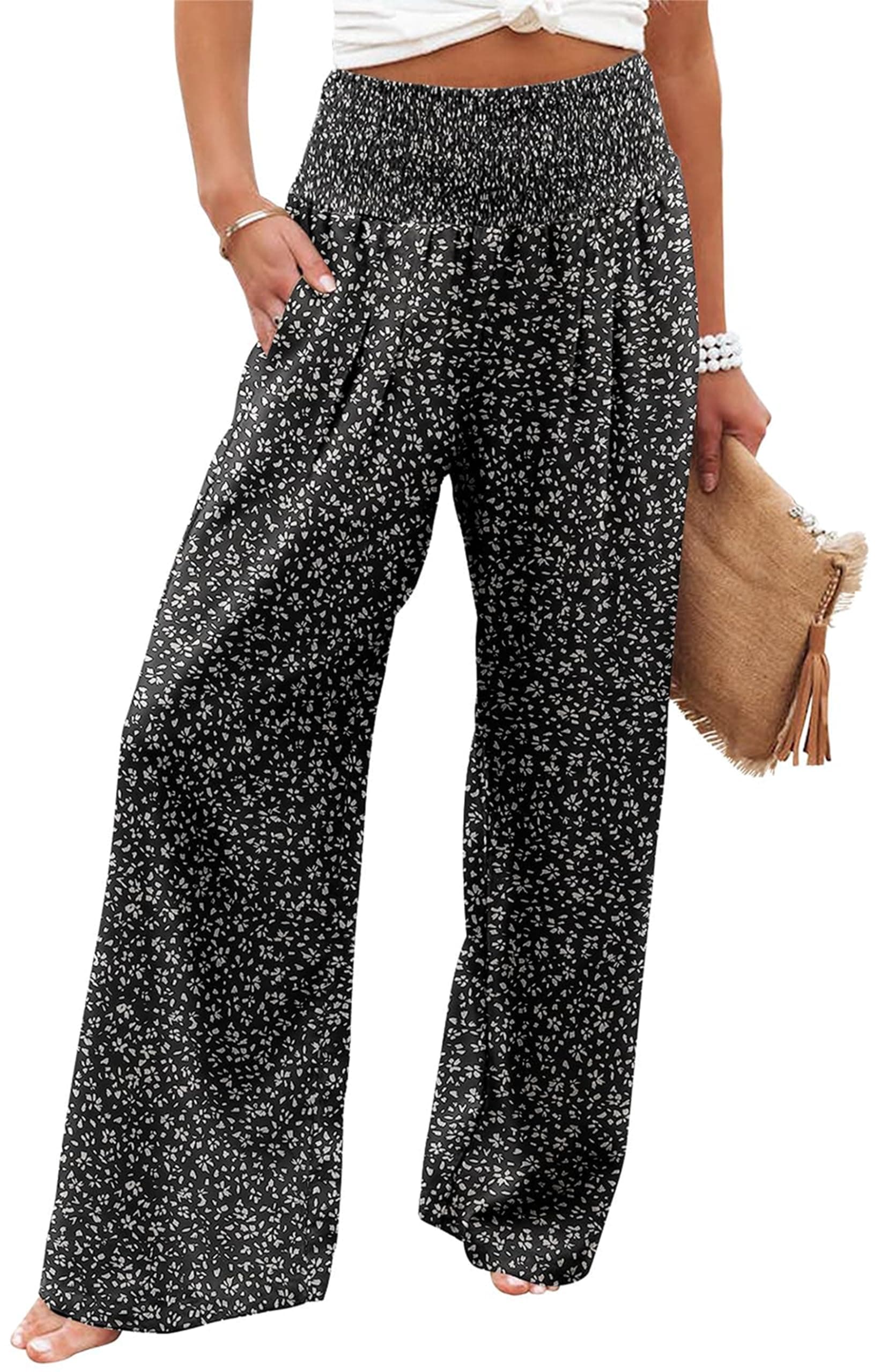 Bbkkuck Women's Elastic High-Waisted Wide Leg Palazzo Pants with Pockets